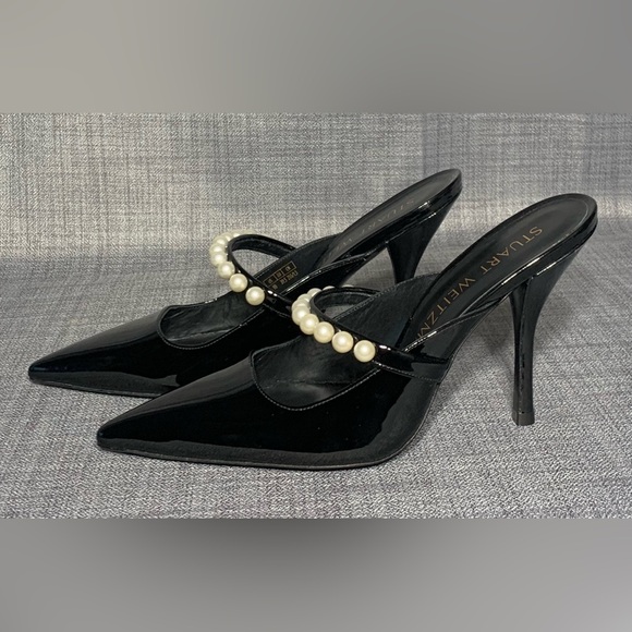 Stuart Weitzman Goldie 100 Women's Black Patent Leather Pearl Pump Mule Size 9 - Picture 4 of 8